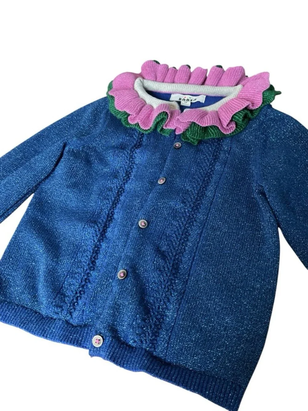 Mini Boden Girls Knit Button Cardigan Sweater Ruffle Collar Blue Size 7-8